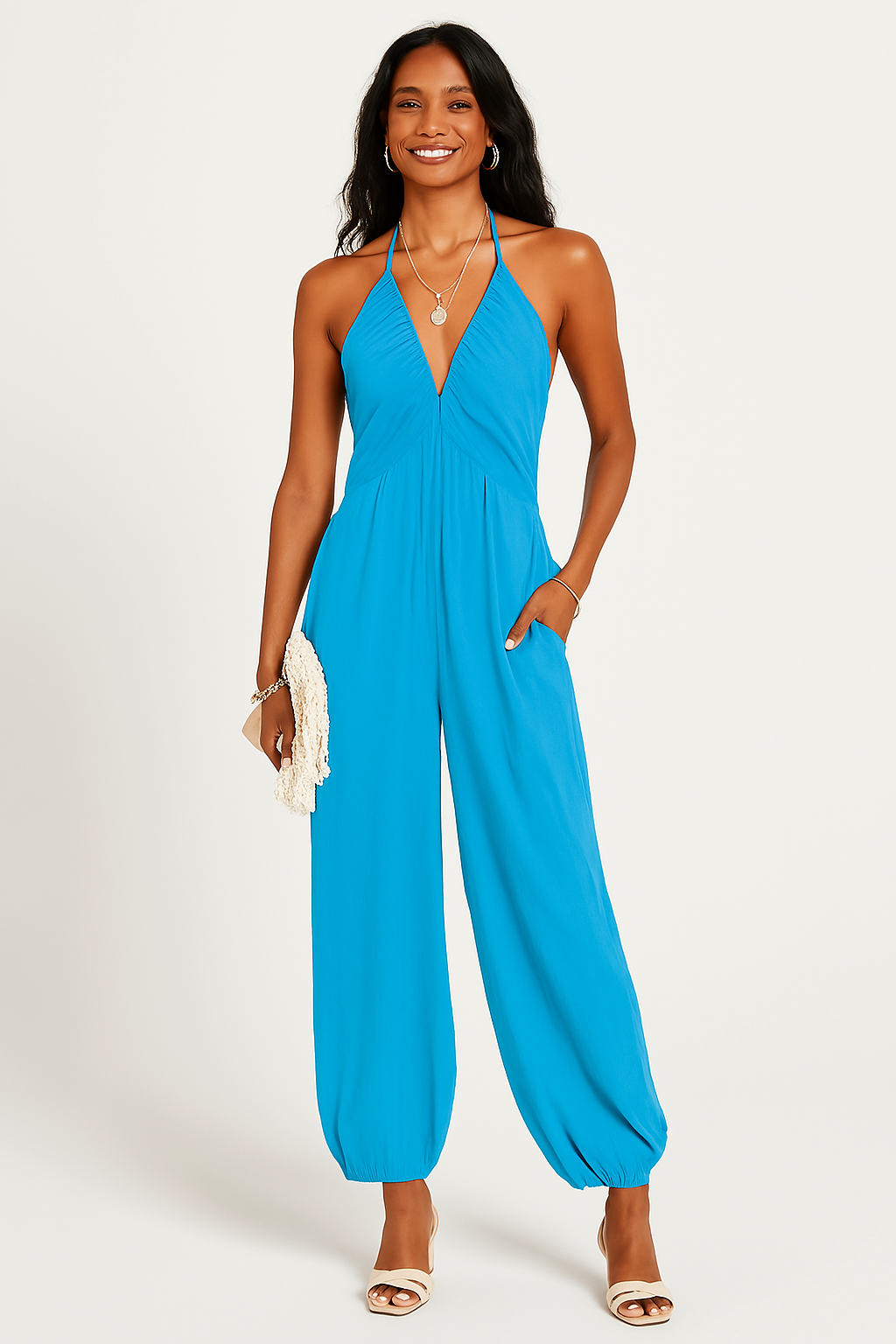 Street-Wave Women Halterneck Jumpsuit Deep V Chic Pockets