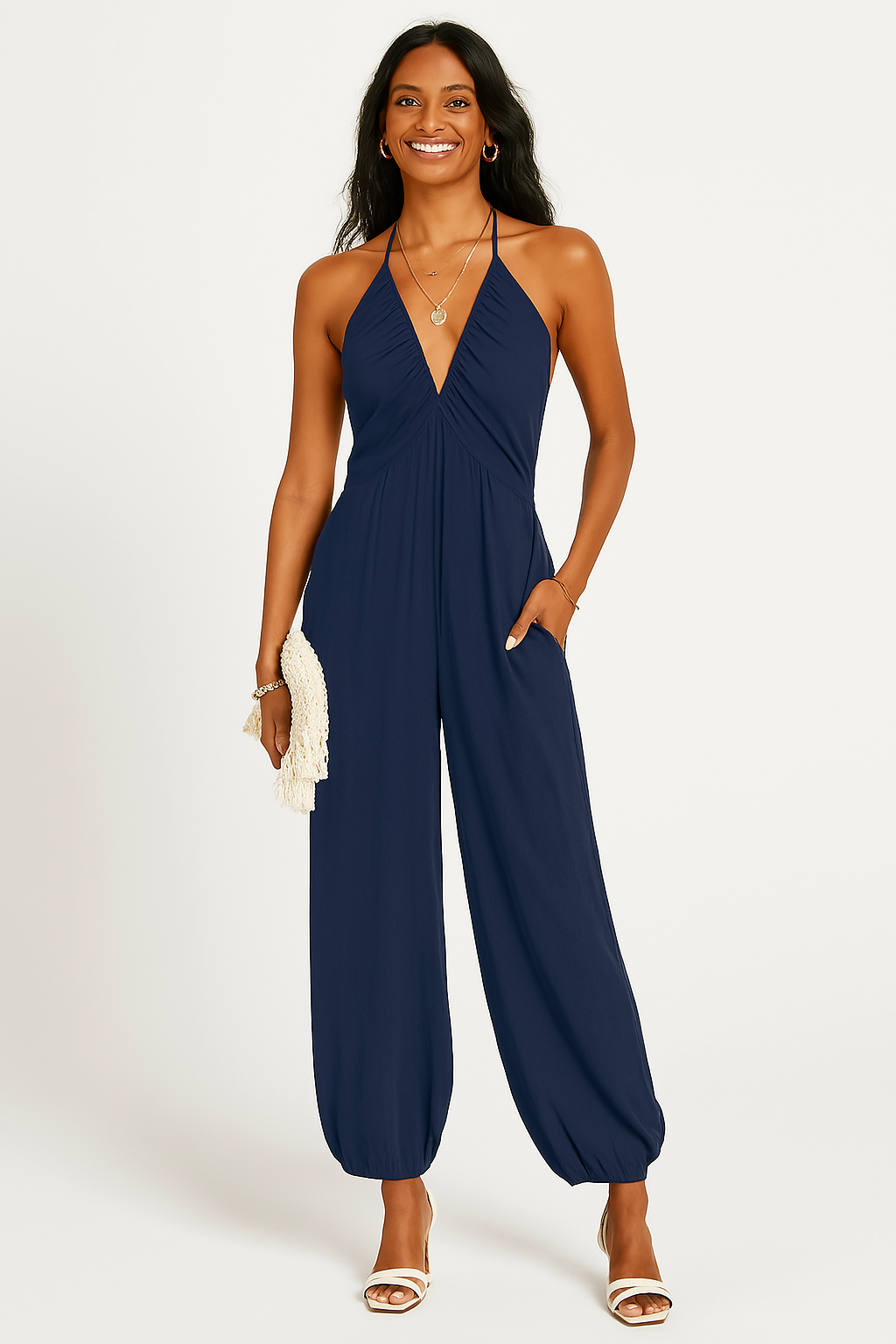 Street-Wave Women Halterneck Jumpsuit Deep V Chic Pockets