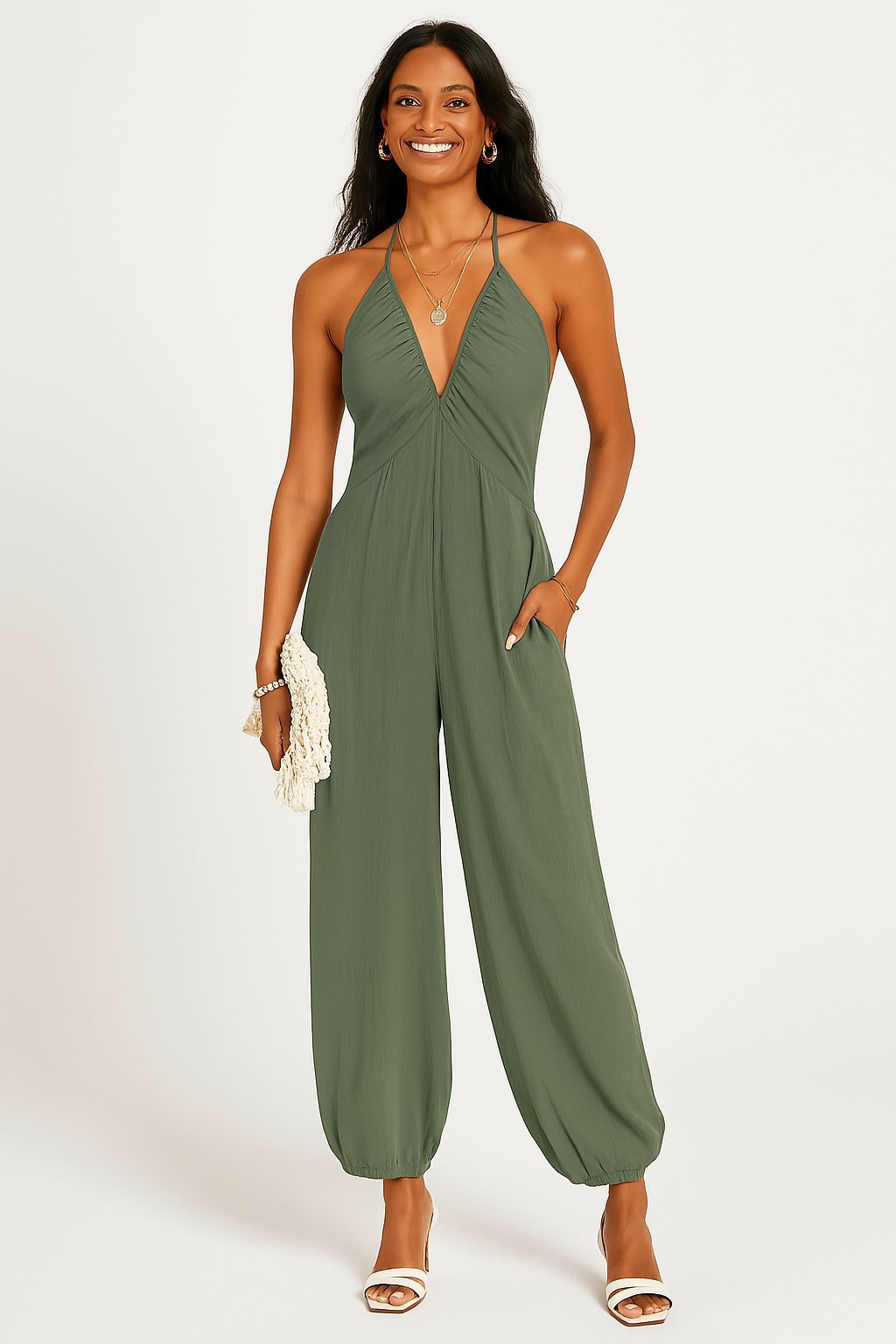 Street-Wave Women Halterneck Jumpsuit Deep V Chic Pockets