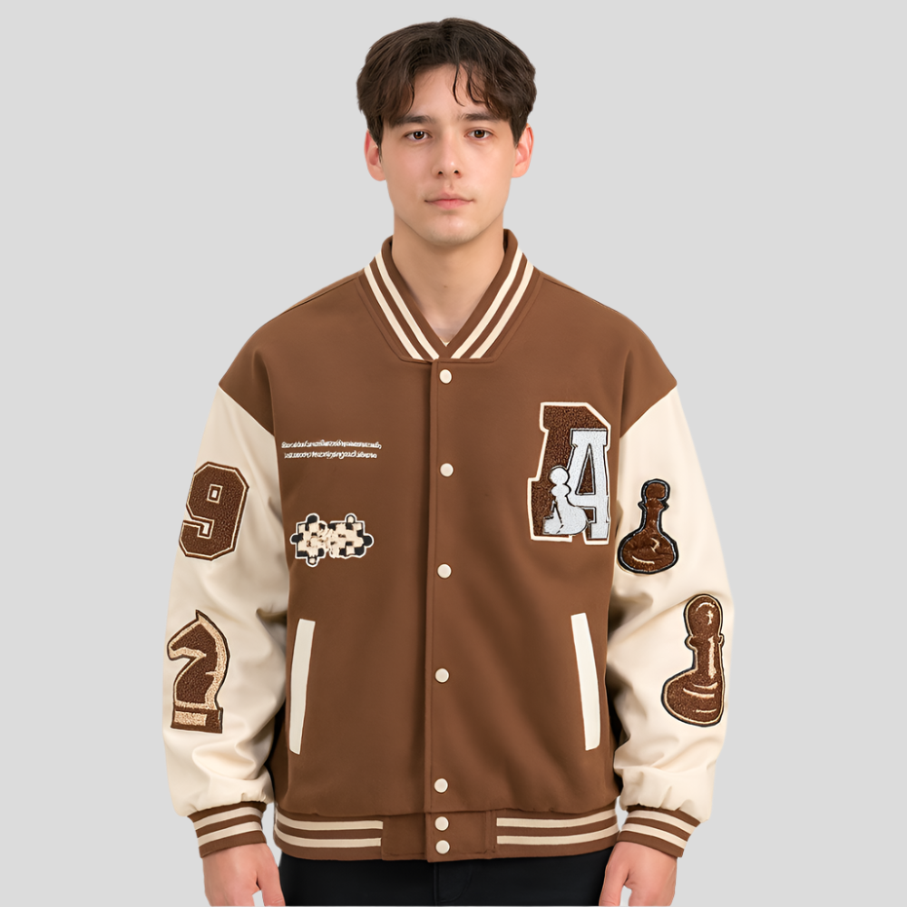 Street-Wave Vintage Embroidered Patch Varsity Jacket For Men With Bold Front And Sleeve Patches