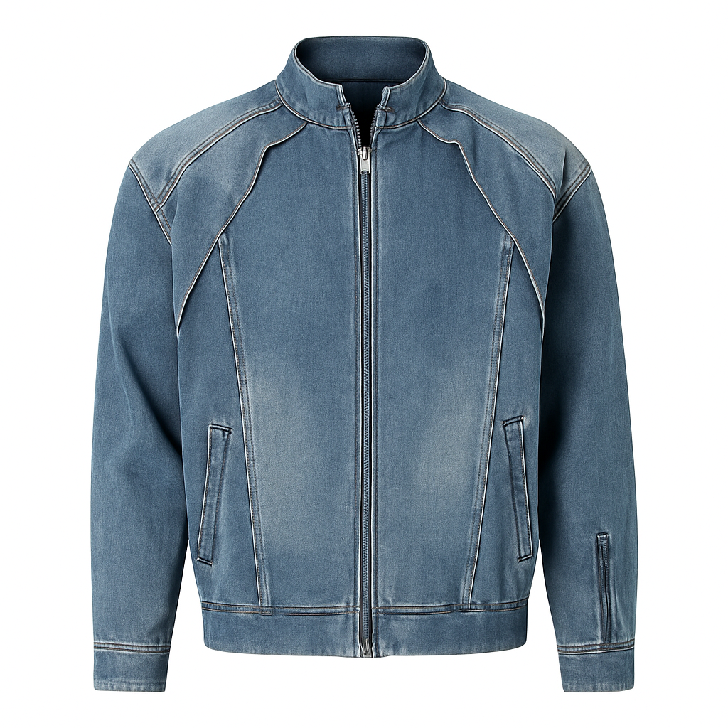 Street-Wave Mens Denim Jacket Vintage Wash Urban Style Stand Collar With Hidden Front Closure