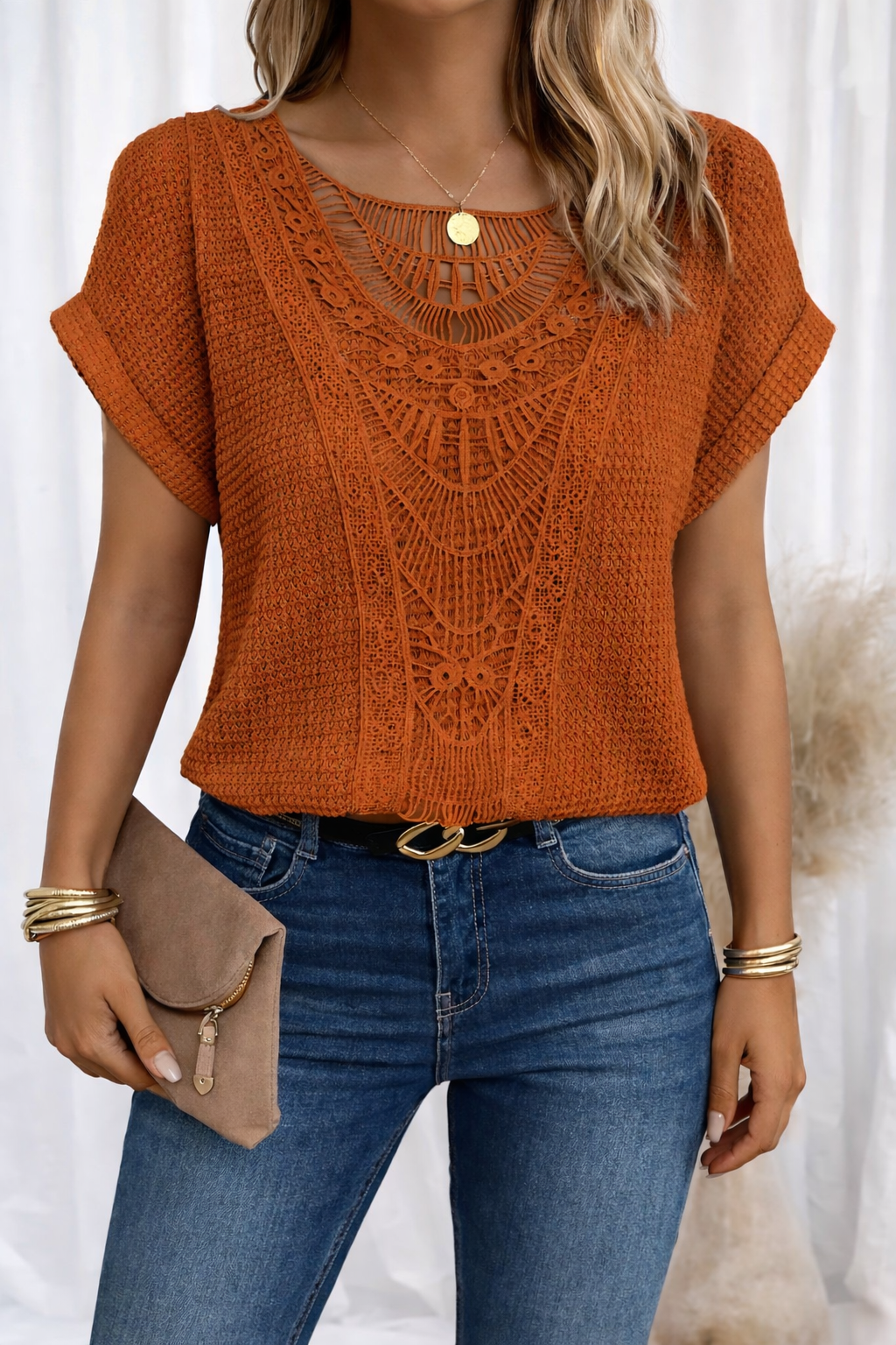 Women's Round Neck Top with Lace Trim and Soft Fabric