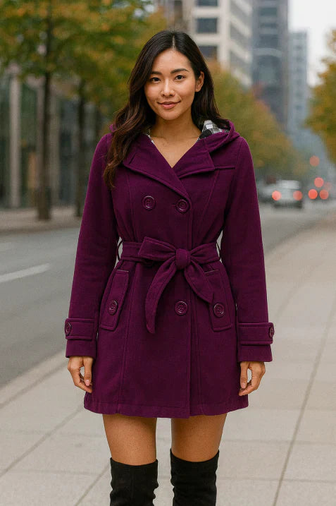 Street-wave Hooded Double-Breasted Coat With Belt For Women Elegant Streetwear Outerwear