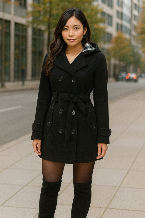 Street-wave Hooded Double-Breasted Coat With Belt For Women Elegant Streetwear Outerwear