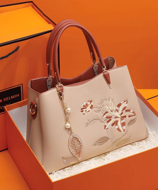 Sac cabas chic en cuir de veau brodé abricot - Street-Wave