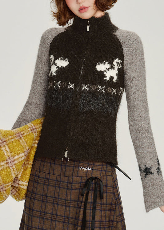 Gilet d'hiver chic noir zippé en maille patchwork - Street-Wave