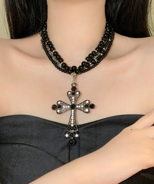 Collier chic en perles multicouches en zircon noir croisé - Street-Wave