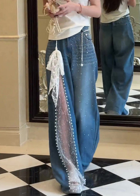 Pantalon en jean patchwork en dentelle de zircon bleu chic avec poches pour l'automne - Street-Wave