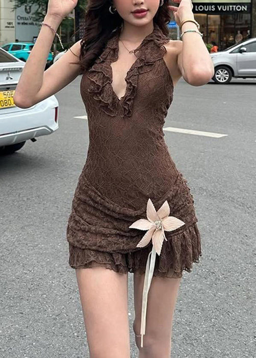 Robe licou chic marron à volants et dentelle patchwork sans manches - Street-Wave