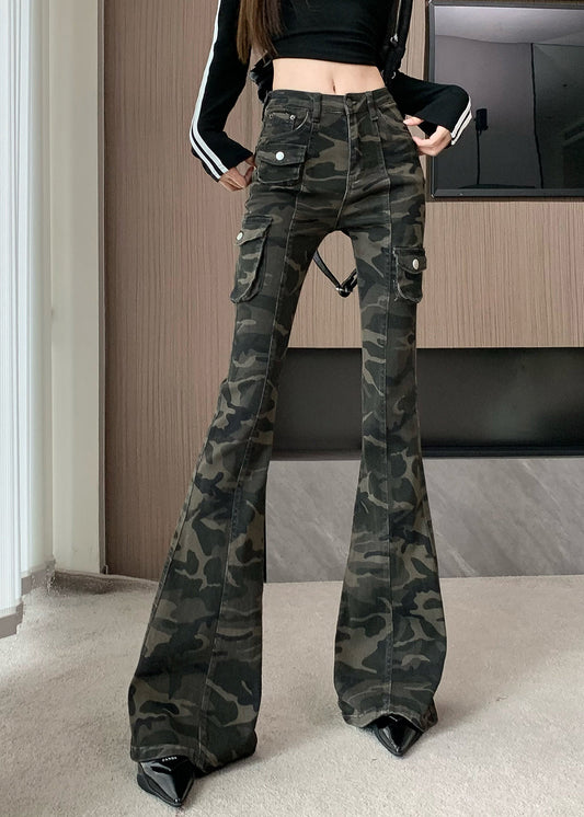 Pantalon évasé en denim vert camouflage chic et ajusté pour l'automne - Street-Wave