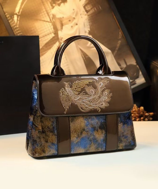 Sac fourre-tout chic en cuir de veau bleu café avec broderie Phoenix - Street-Wave