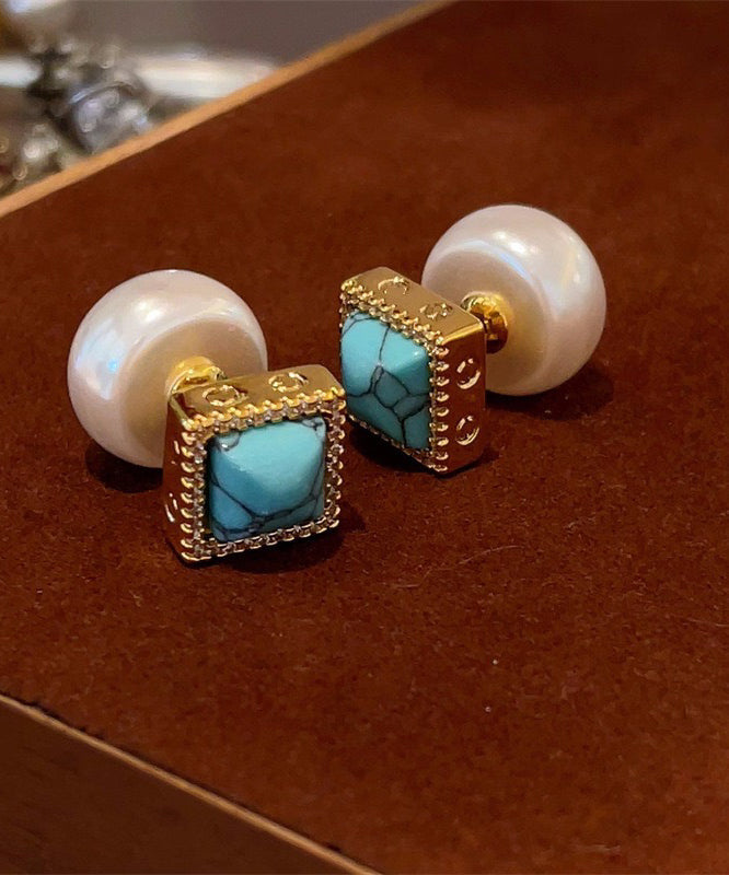 Boucles d'oreilles à tige chics en perles turquoise surdorées en cuivre colorblock - Street-Wave