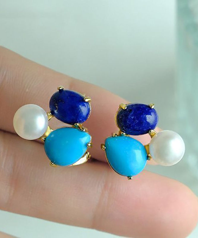 Boucles d'oreilles à tige chics en argent sterling avec perles turquoise surdorées - Street-Wave