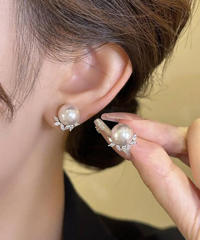 Boucles d'oreilles à tige chics en cuivre et zircon avec perles et feuilles - Street-Wave