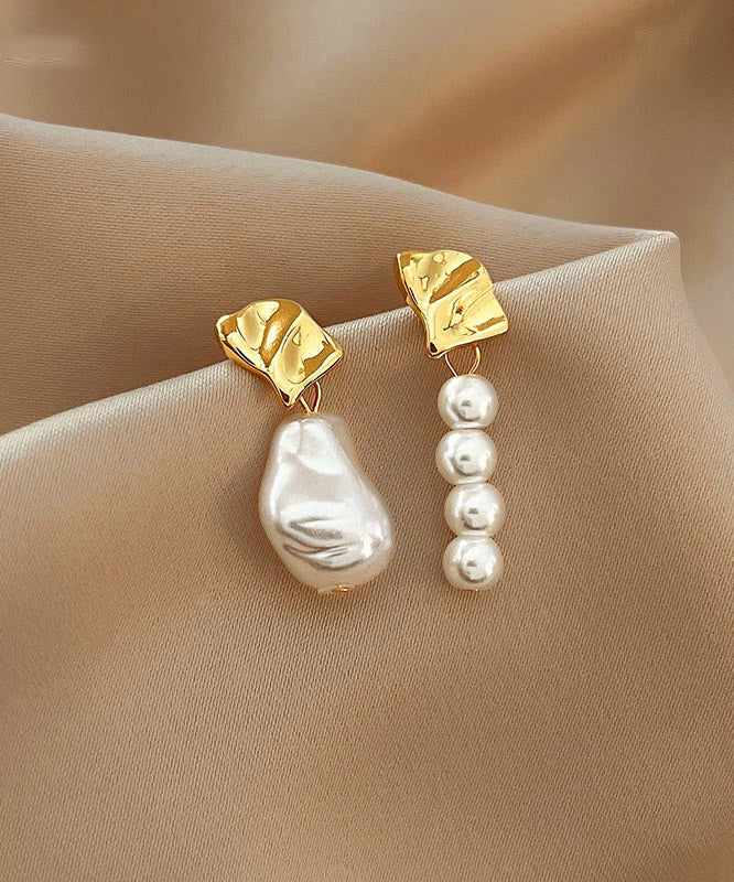Boucles d'oreilles pendantes asymétriques chics en alliage de cuivre doré et perles - Street-Wave