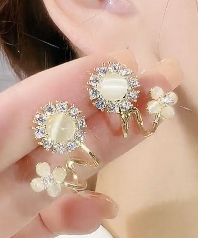 Boucles d'oreilles créoles florales chics en or, cuivre et zircon surdoré, pierre œil de chat - Street-Wave