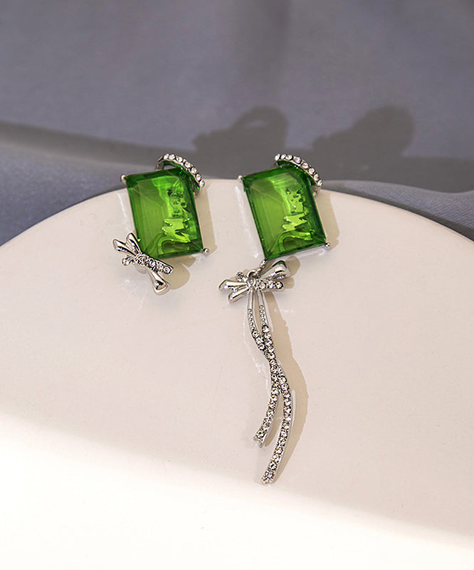 Boucles d'oreilles pendantes chics asymétriques en cuivre vert et zircon, avec nœud papillon et pompon - Street-Wave