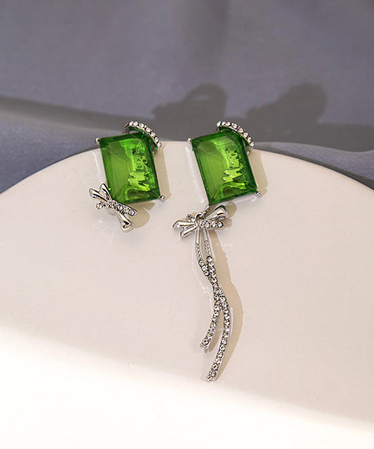 Boucles d'oreilles pendantes chics asymétriques en cuivre vert et zircon, avec nœud papillon et pompon - Street-Wave