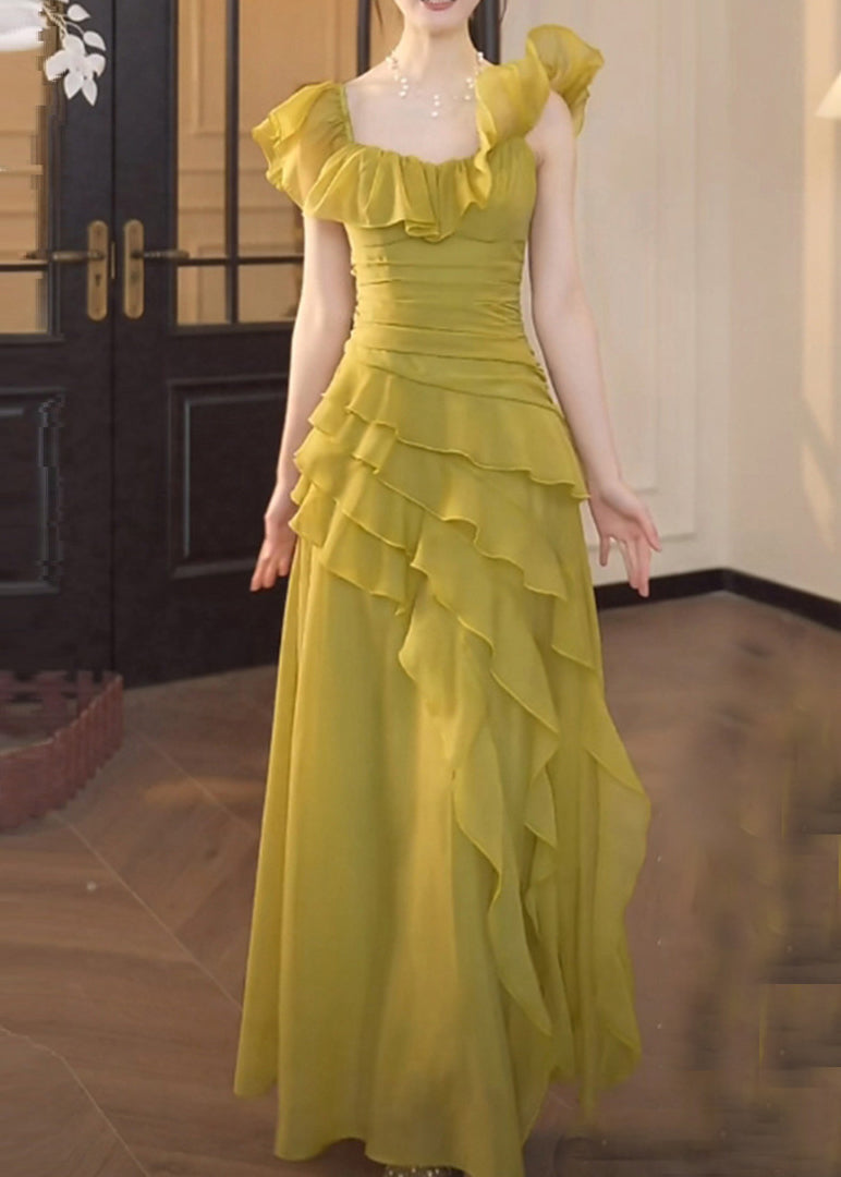 Robe chic en mousseline de soie verte à col carré et volants pour l'été - Street-Wave