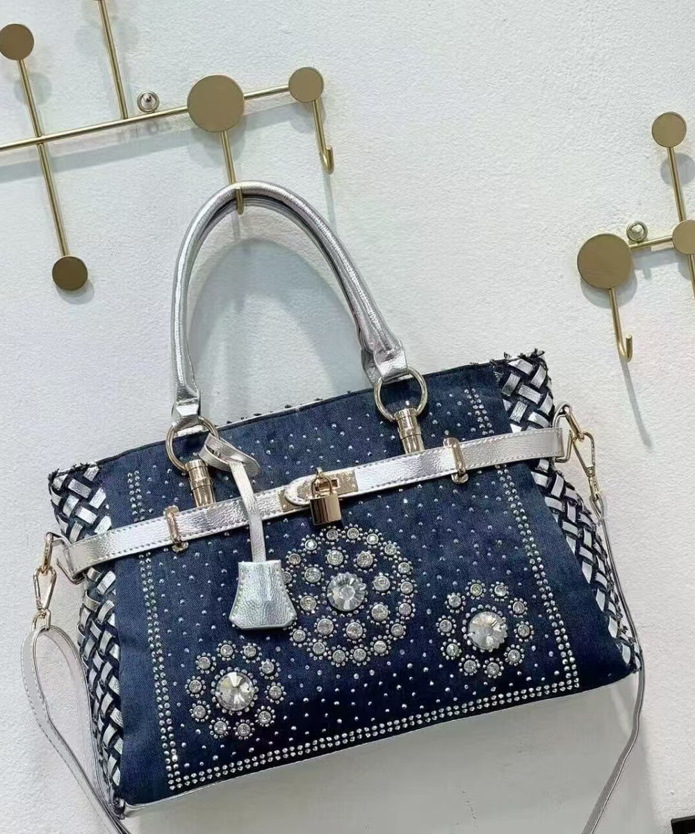 Sac fourre-tout chic en denim bleu marine avec strass, grande capacité - Street-Wave