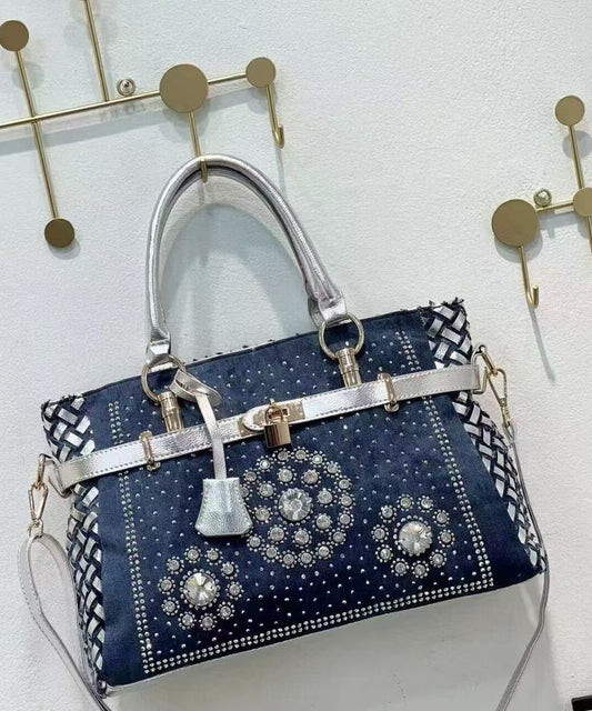 Sac fourre-tout chic en denim bleu marine avec strass, grande capacité - Street-Wave