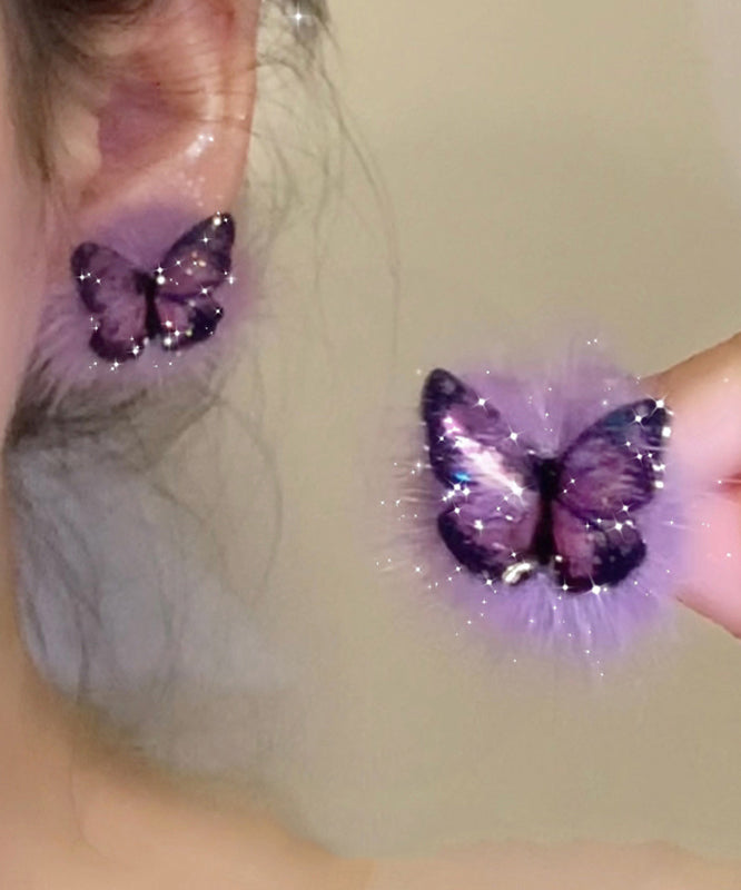 Boucles d'oreilles à tige en argent sterling violet chic et dorées, en fourrure duveteuse et papillon - Street-Wave