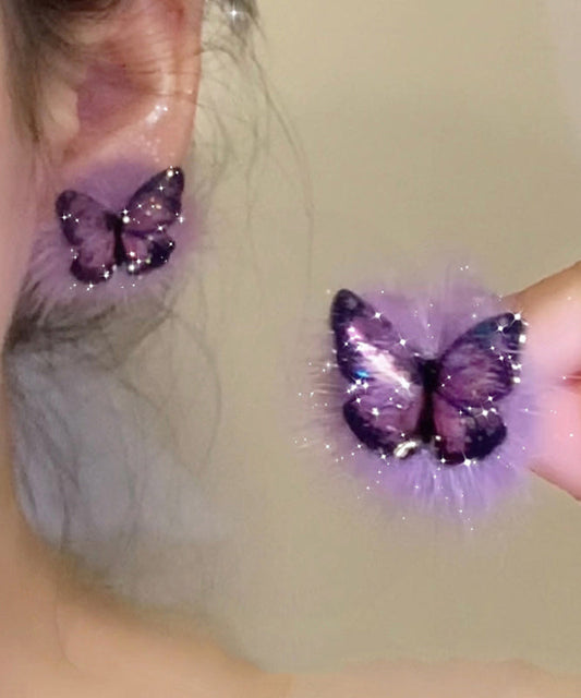Boucles d'oreilles à tige en argent sterling violet chic et dorées, en fourrure duveteuse et papillon - Street-Wave