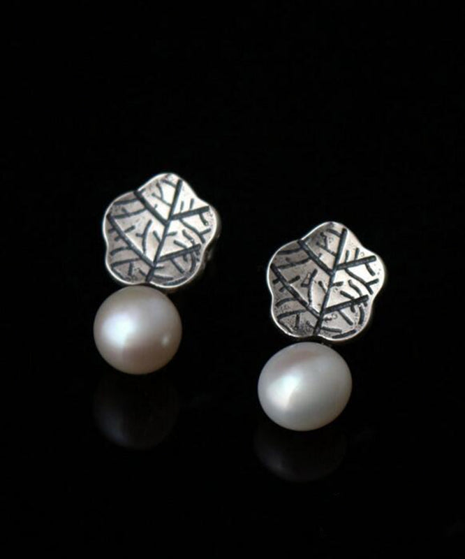 Boucles d'oreilles à tige en argent sterling et perles en forme de feuille de lotus - Street-Wave