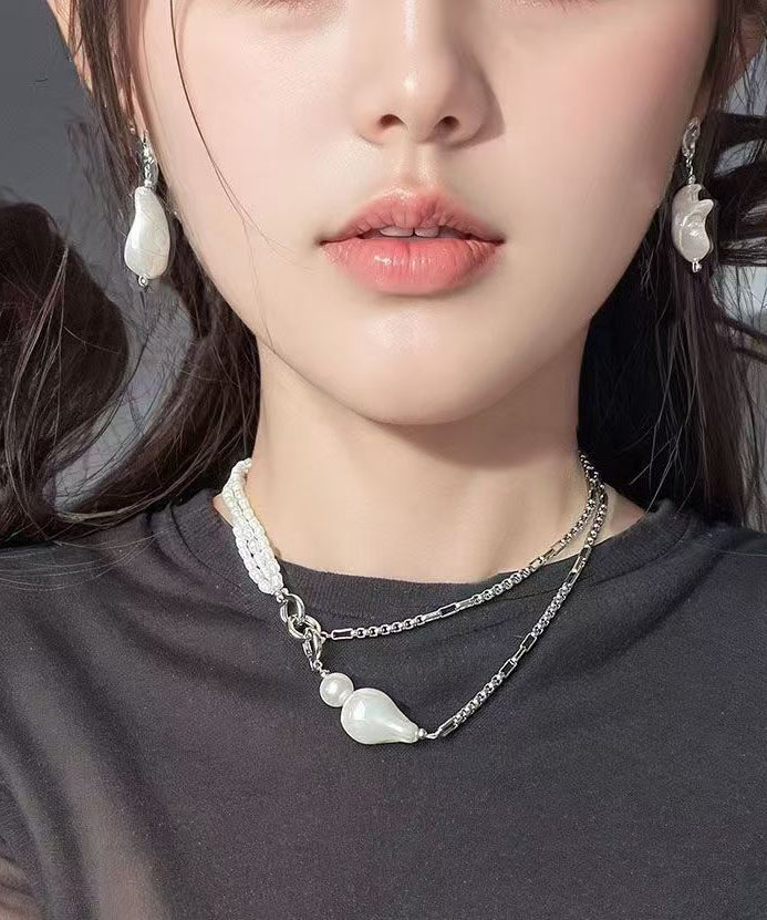 Collier chic en acier inoxydable blanc avec chaîne de perles graduées - Street-Wave