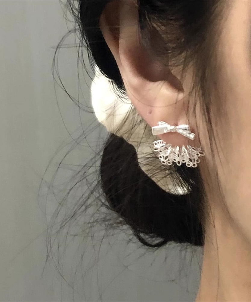 Boucles d'oreilles à tige chics en alliage d'argent sterling blanc avec nœud en dentelle patchwork - Street-Wave