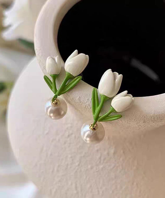 Boucles d'oreilles à tige chics en alliage d'argent sterling et de perles blanches en forme de tulipe - Street-Wave