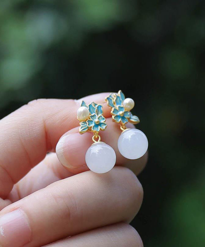 Boucles d'oreilles pendantes en forme de fleur de jade bleu antique de style chinois - Street-Wave