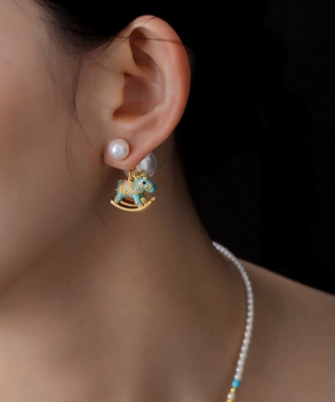 Boucles d'oreilles puces en forme de petit cheval à bascule, style chinois, cuivre bleu doré, zircon, perle et glaçure coulante - Street-Wave