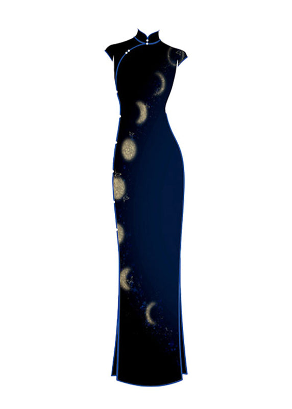 Robe longue bleue à col montant et manches courtes, style chinois - Street-Wave