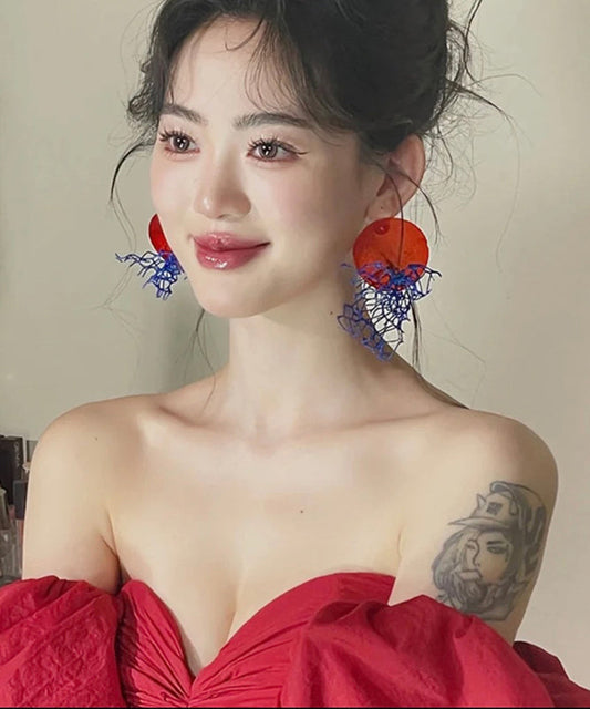 Boucles d'oreilles pendantes ajourées en tulle colorblock de style chinois - Street-Wave
