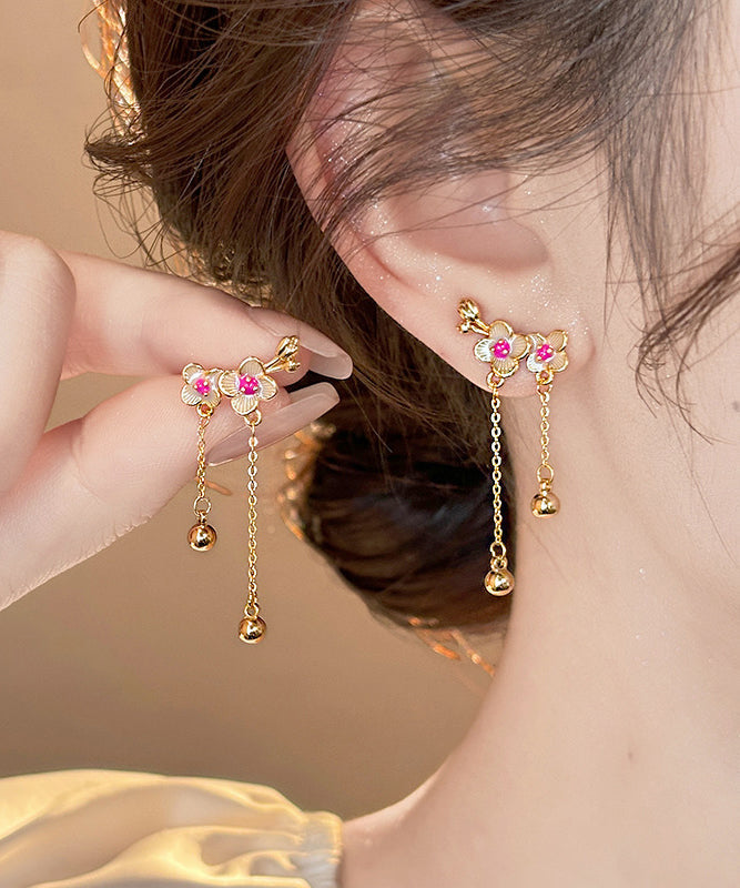 Boucles d'oreilles pendantes à pampilles en alliage de cuivre doré de style chinois en forme de fleur de pêcher - Street-Wave