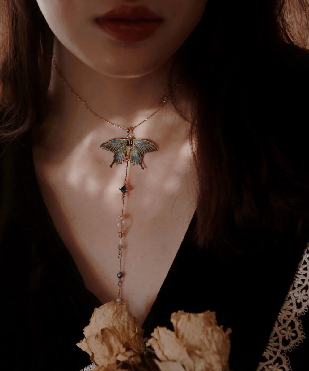 Collier avec pendentif en forme d'aile en perles de verre et zircon doré de style chinois - Street-Wave