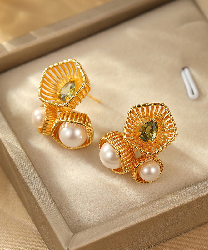 Boucles d'oreilles à tige creuses en métal doré et perles de zircon de style chinois - Street-Wave