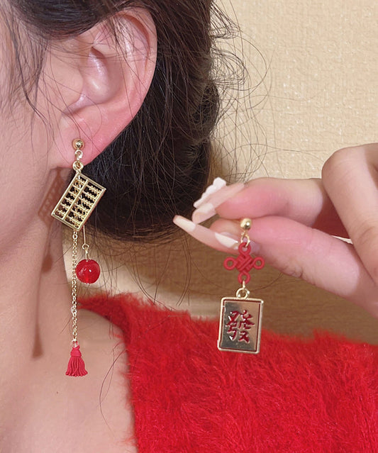 Boucles d'oreilles pendantes asymétriques en alliage d'or et d'argent sterling de style chinois, motif boulier chinois, nœud chinois et pompon - Street-Wave