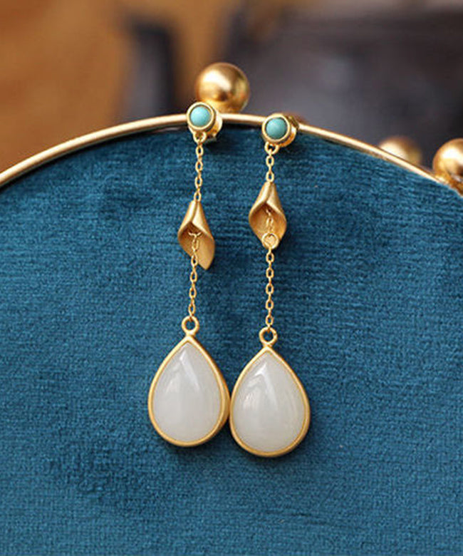 Boucles d'oreilles pendantes en argent sterling doré de style chinois avec pendentif en forme de goutte d'eau en jade turquoise - Street-Wave