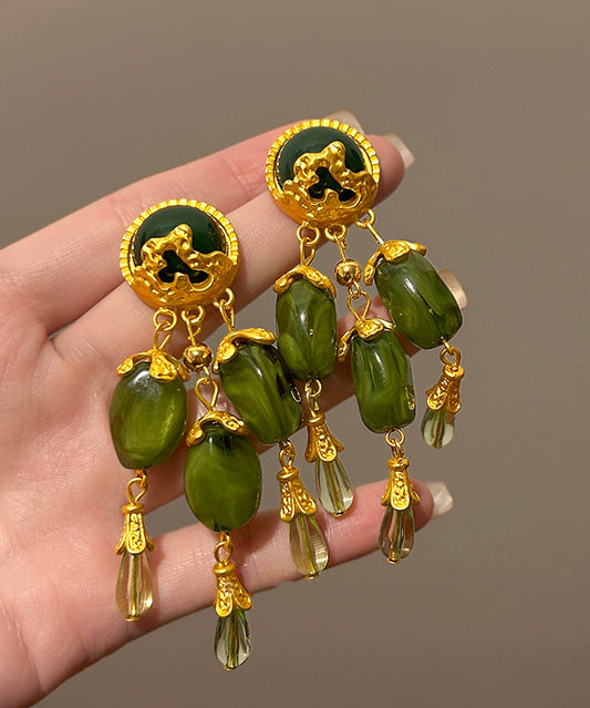 Boucles d'oreilles pendantes à pampilles en alliage de jade vert de style chinois - Street-Wave