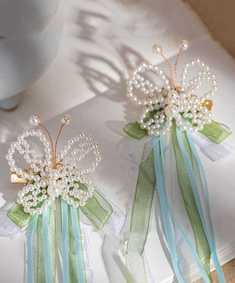 Épingle à cheveux papillon à pompon et ruban en alliage vert perle style chinois - Street-Wave