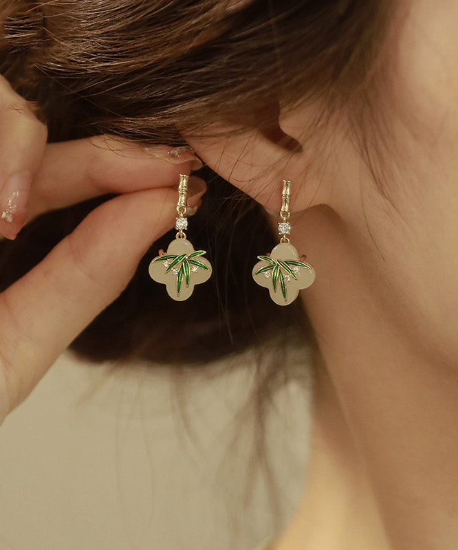 Boucles d'oreilles pendantes en forme de feuille de bambou, en alliage de cuivre vert et résine de zircon, de style chinois - Street-Wave