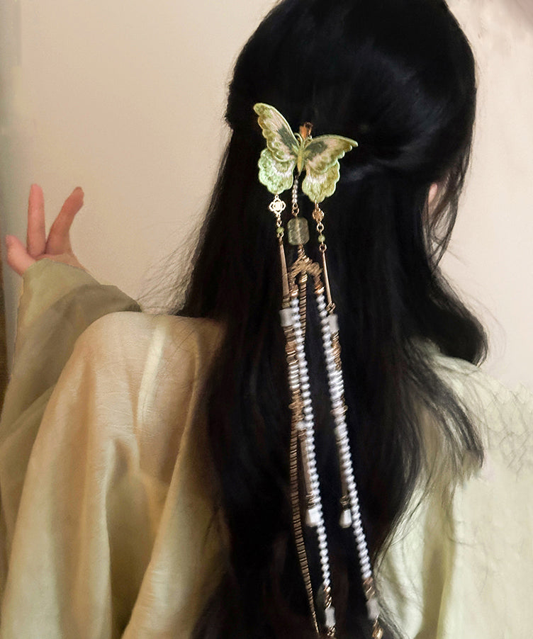 Épingle à cheveux à pompon en perles et broderie papillon en cuivre vert de style chinois - Street-Wave