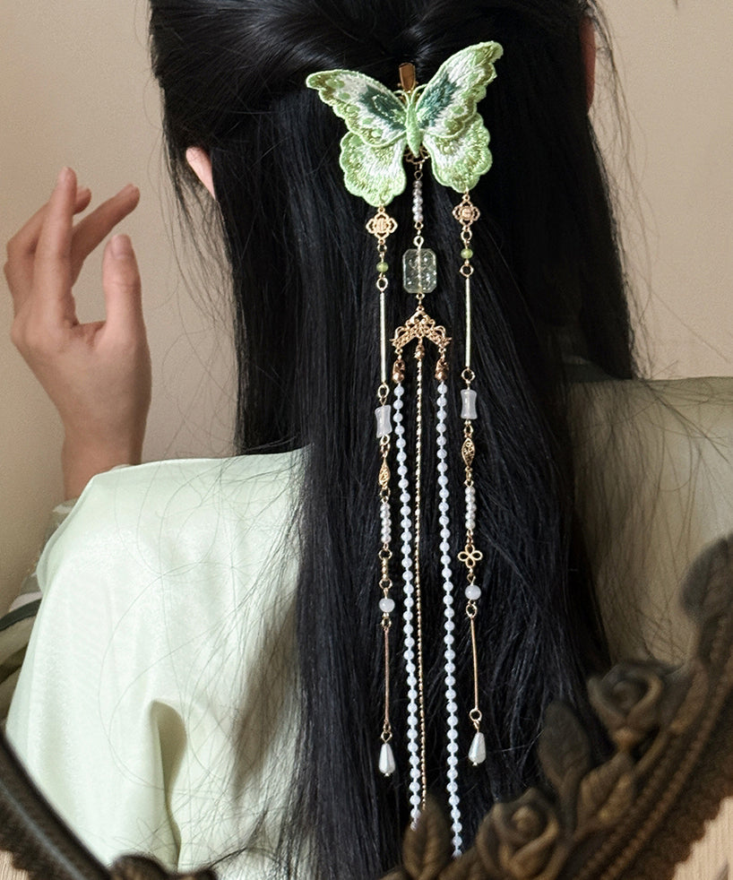 Épingle à cheveux papillon brodée de perles de cuivre vert style chinois - Street-Wave