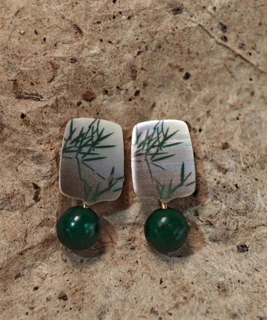 Boucles d'oreilles pendantes en argent sterling vert de style chinois avec agaré surdoré - Street-Wave