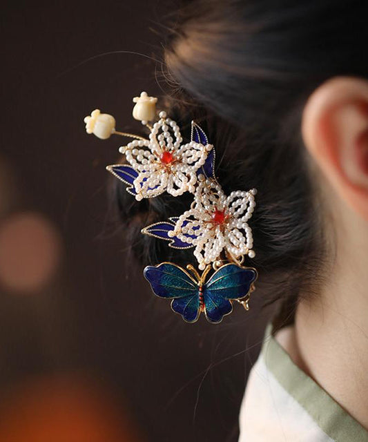 Épingle à cheveux papillon en argent sterling multicolore de style chinois avec perles surdorées - Street-Wave