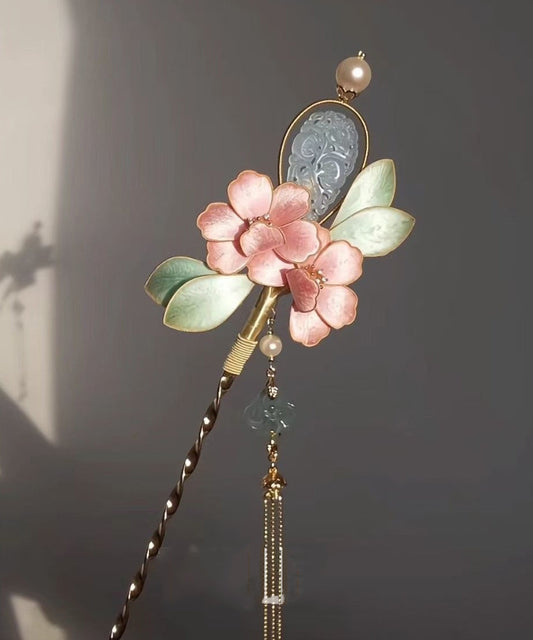 Épingle à cheveux à pompon en jade et fleur de pivoine rose antique de style chinois - Street-Wave