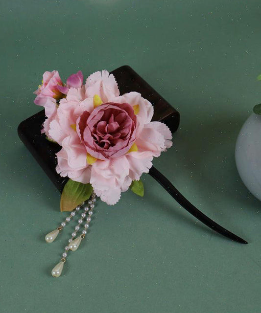 Épingle à cheveux à pompon en bois rose de style chinois avec perles et pivoine - Street-Wave
