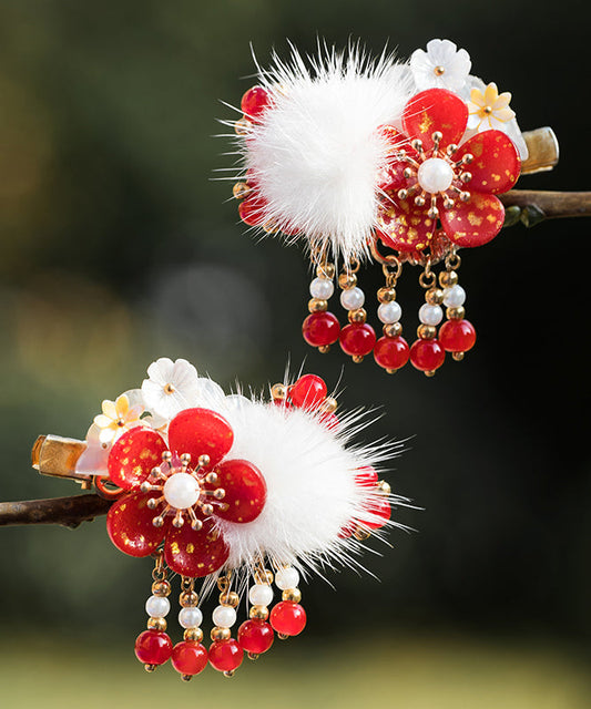 Épingle à cheveux pour enfants, style chinois, en alliage rouge, perle, fleur de prunier, vison, velours, pompon - Street-Wave
